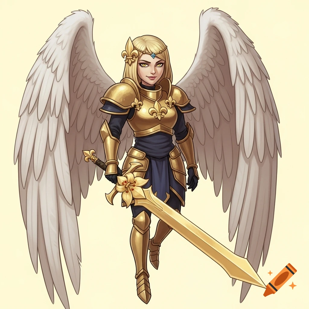 Blonde female angel knight in golden armor and large white wings, holding a golden lily-decorated sword.