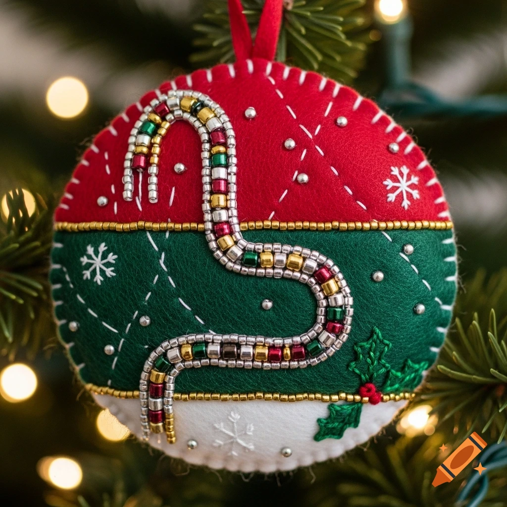 A circular felt Christmas ornament in red, green, and white, with a beaded candy cane-like design and embroidered snowflakes, hanging on a tree.