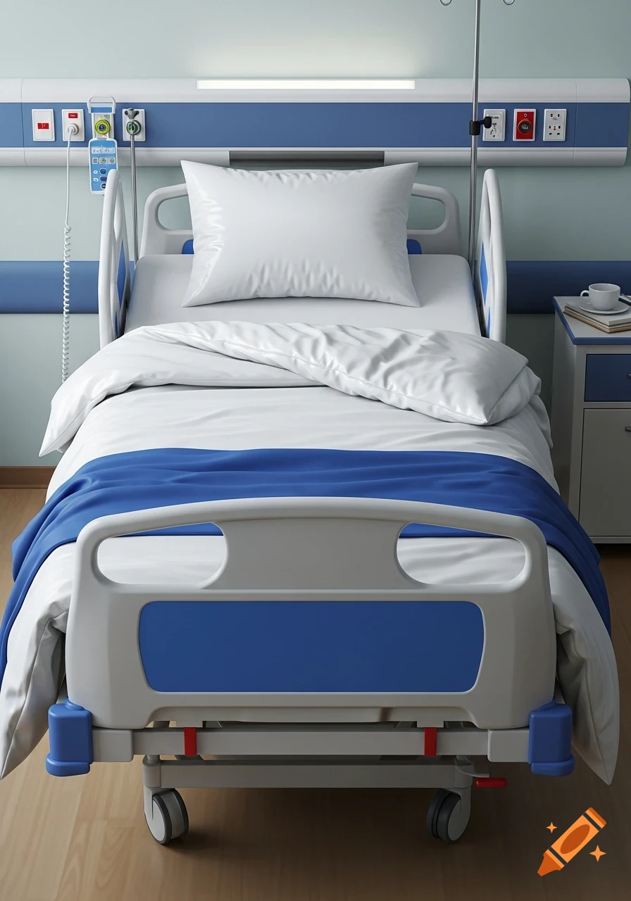 A sterile hospital room with a white bed, blue blanket, white pillow, and medical equipment on the wall.