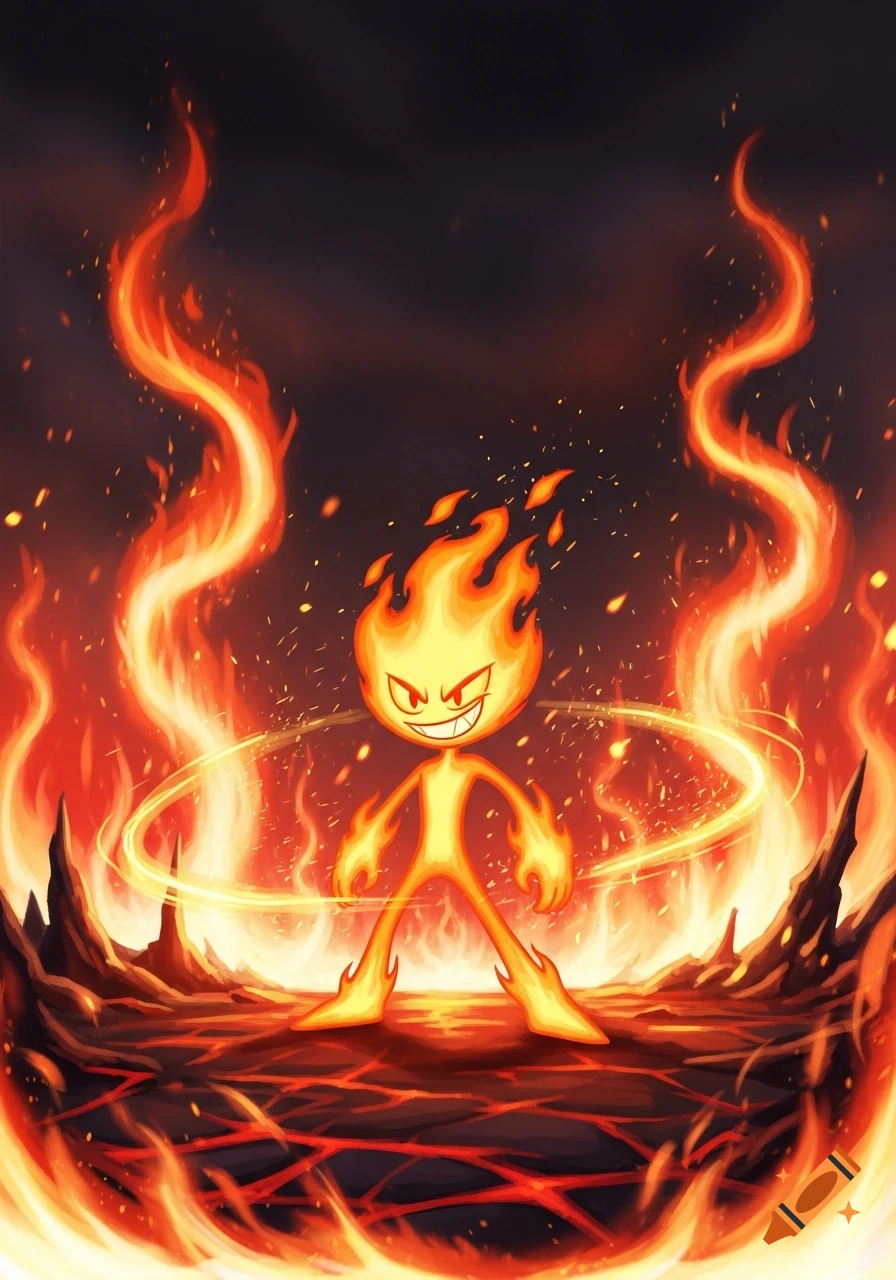 A cartoon fire character with a mischievous grin stands amidst a fiery, lava-filled landscape, surrounded by tall flames.