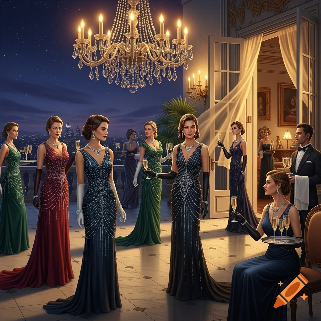 An elegant evening party on a grand balcony, featuring women in glamorous dresses and a man in a tuxedo, with a city skyline at night.
