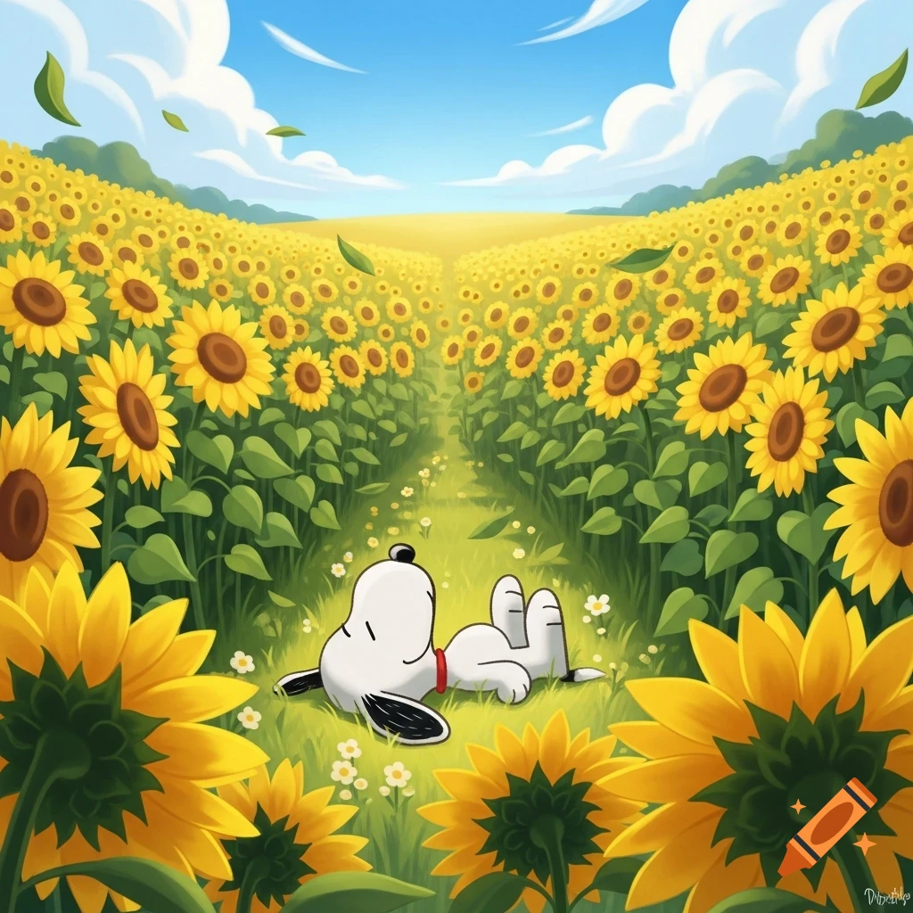 Cartoon Snoopy relaxing on a grassy path through a vibrant field of sunflowers under a blue sky.