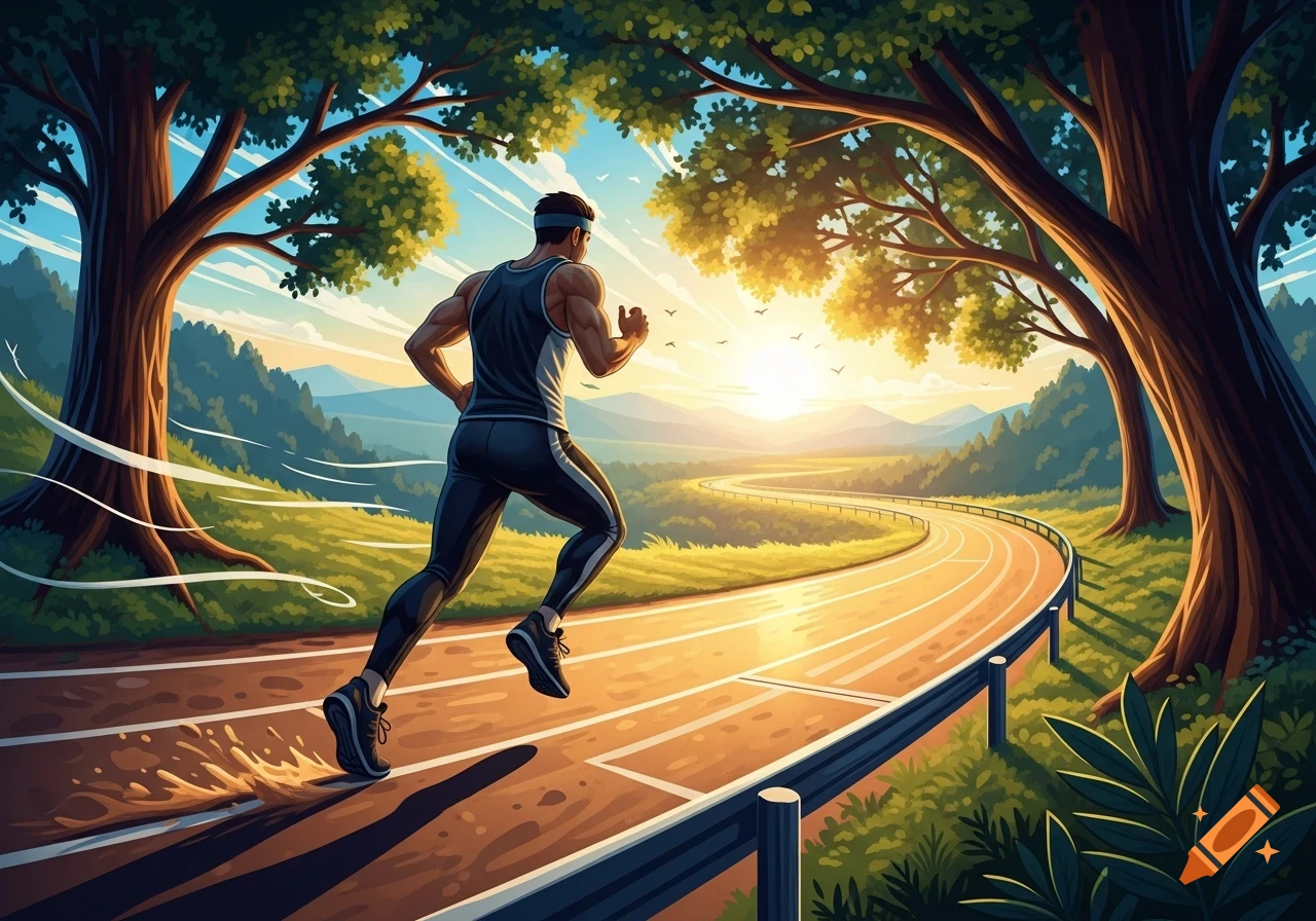 A man in athletic wear runs on a winding outdoor track, surrounded by lush trees, under a vibrant sunrise. Stylized illustration.