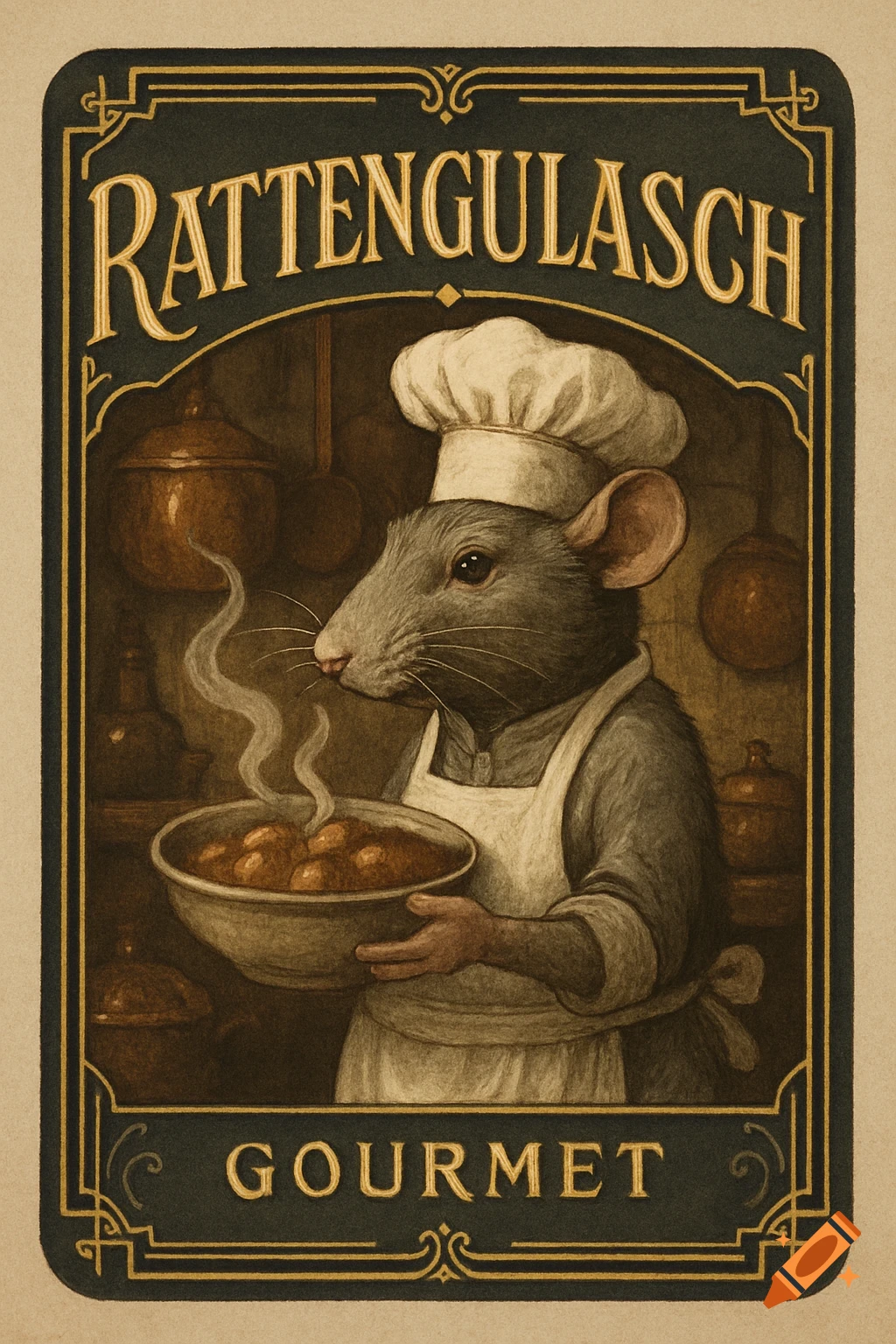 Vintage-style label with a rat chef in an apron and toque holding a steaming bowl, text reads 'RATTENGULASCH' and 'GOURMET'.