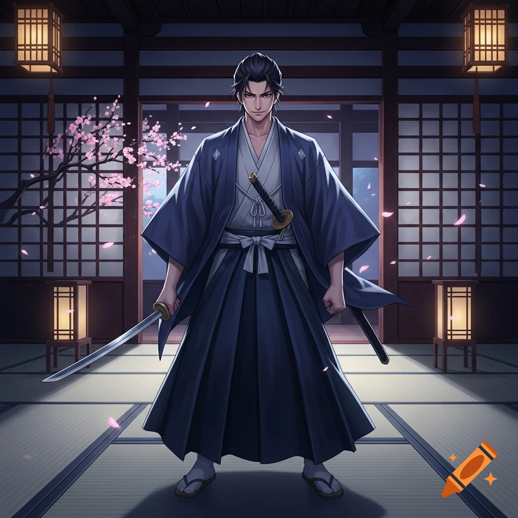 An anime-style man in a blue kimono and hakama stands with a katana in a Japanese room with cherry blossoms.