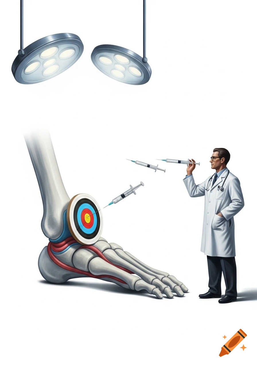 An illustration of a doctor aiming syringes like darts at a target on an anatomical foot, under surgical lights.