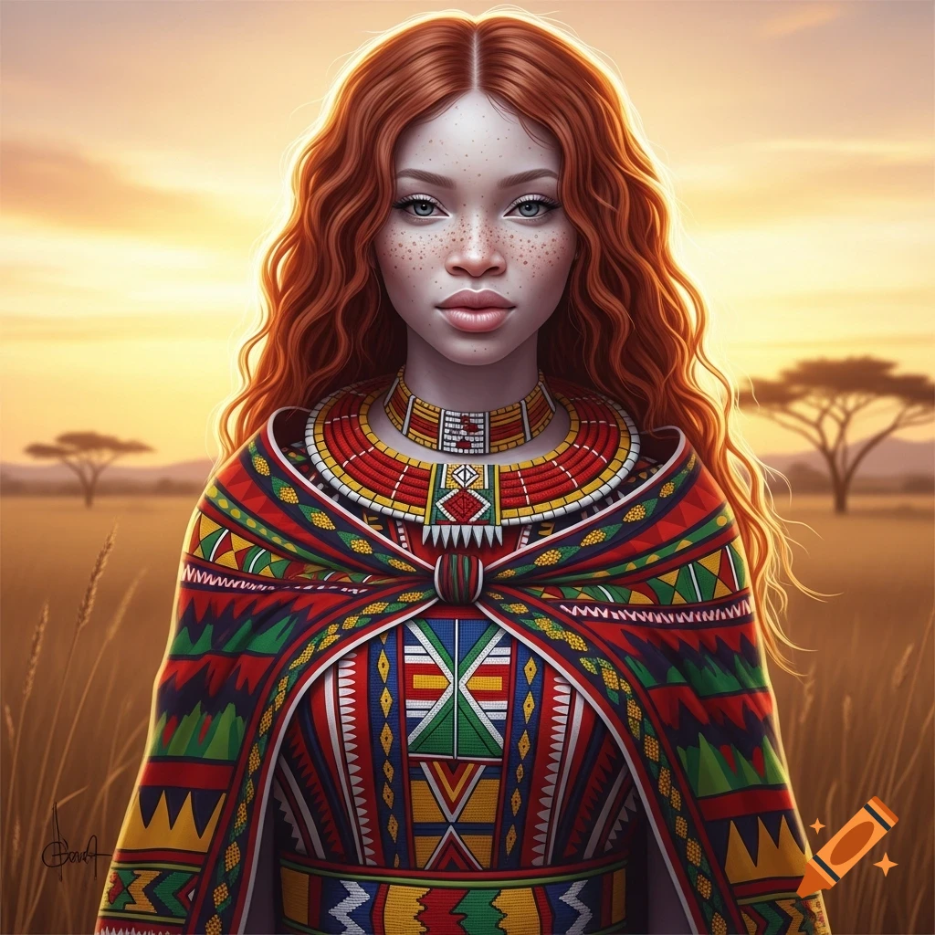 A woman with long red hair and freckles, wearing vibrant, patterned traditional Central African attire, stands in a grassy savanna at sunset.