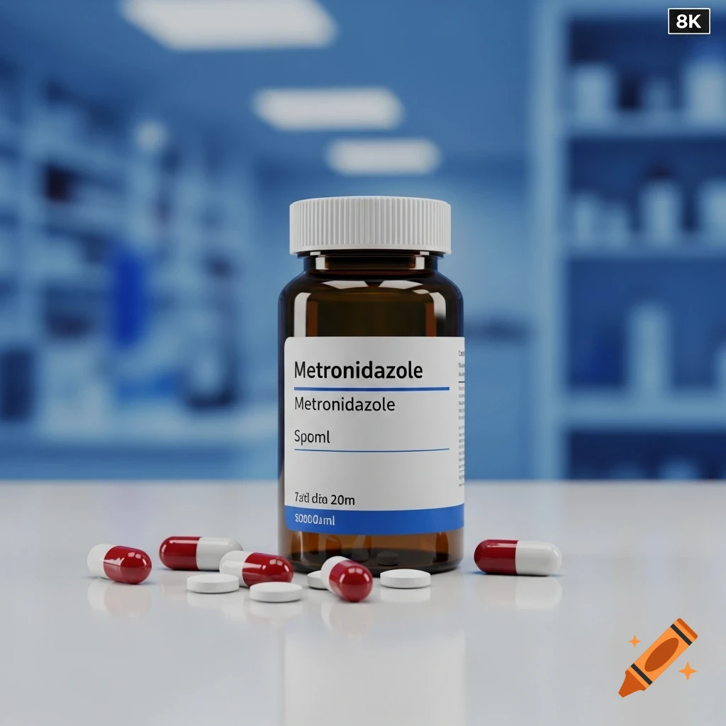 A hyper-realistic 3D medical illustration of a Metronidazole pill bottle and pills on a glossy white pharmacy counter with a blurred blue laboratory background.
