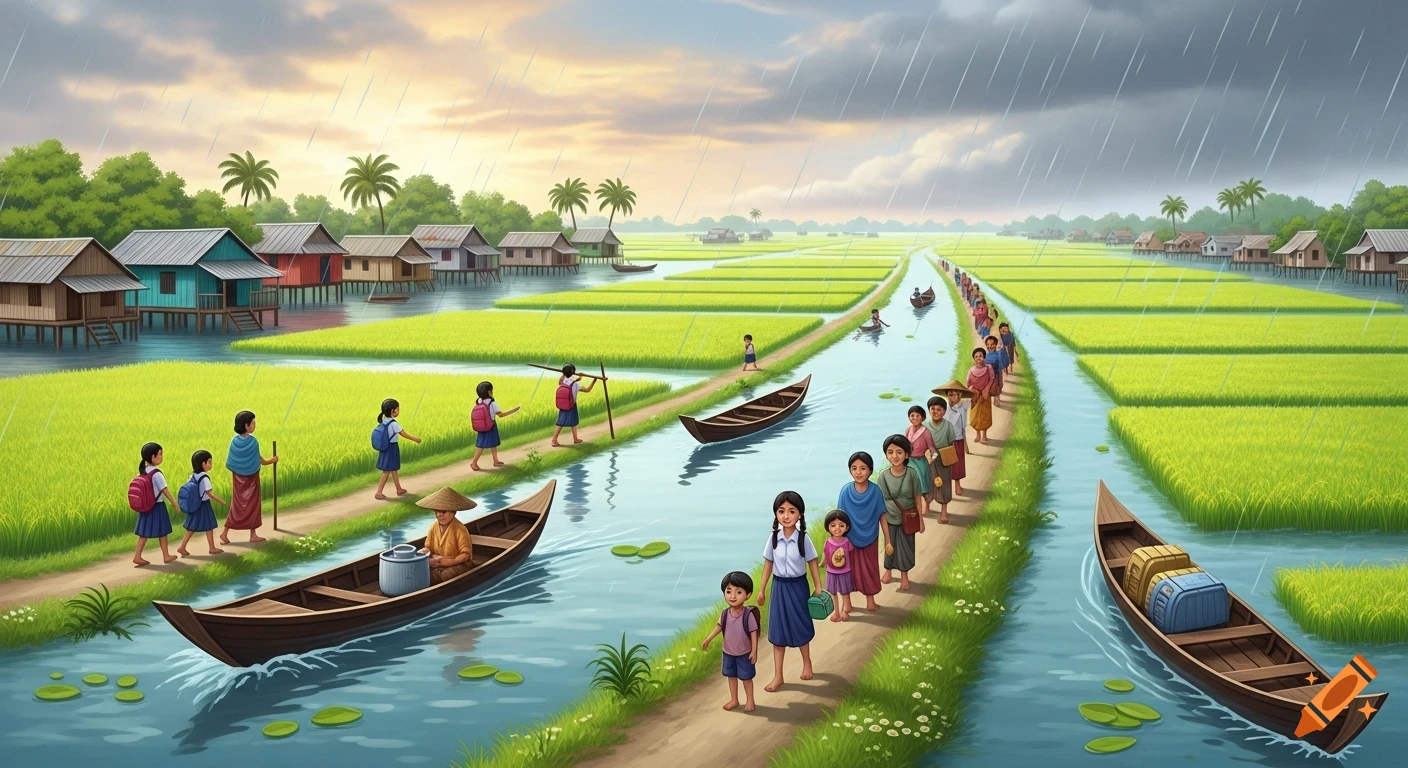 A vibrant 2D illustration of a South Asian delta village during monsoon rain, featuring stilt houses, green rice fields, a river with wooden boats, and people walking along a path.