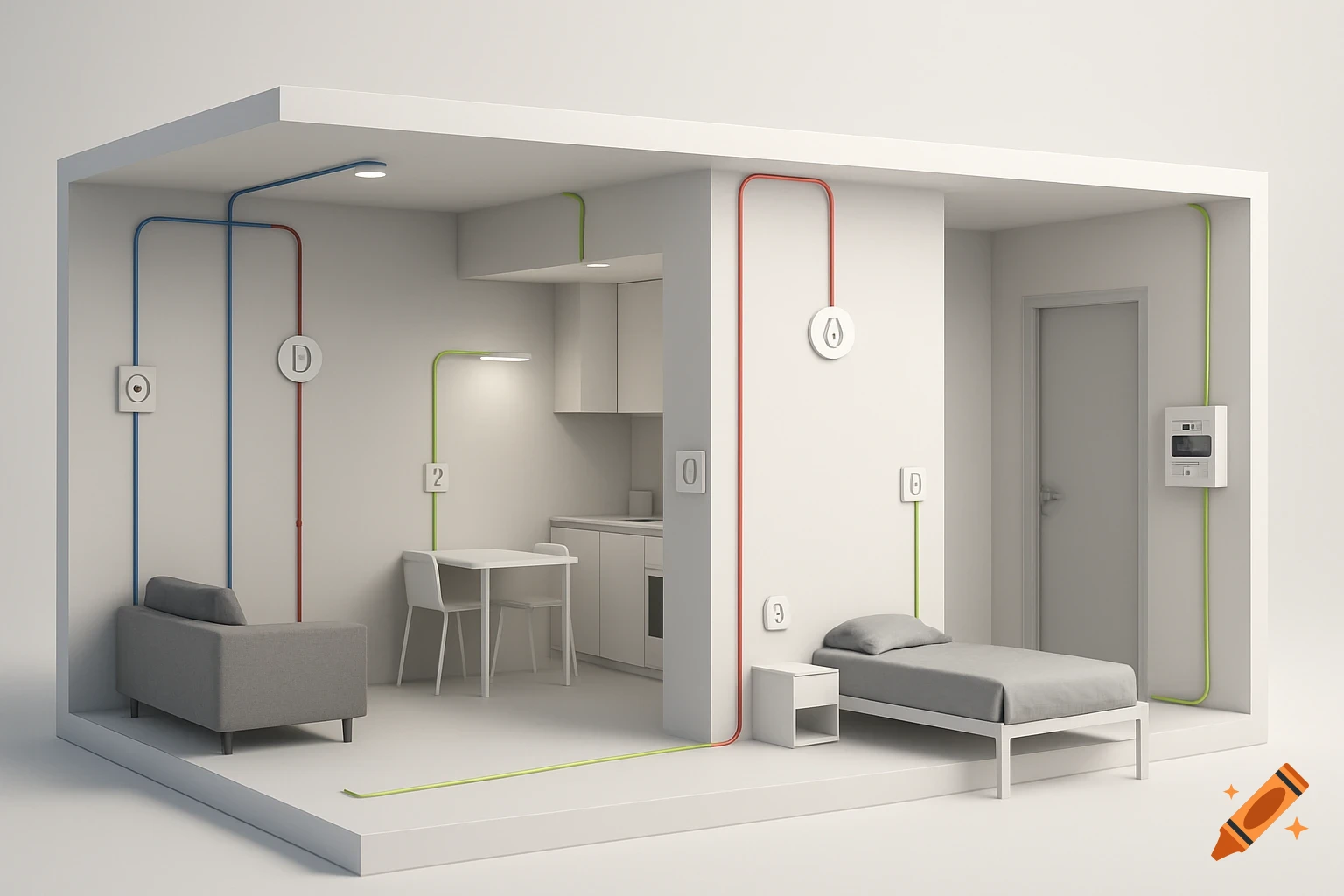 A clean 3D cross-section of a minimalist apartment with exposed blue, red, and green electrical conduits, symbols for outlets, and simple furniture.