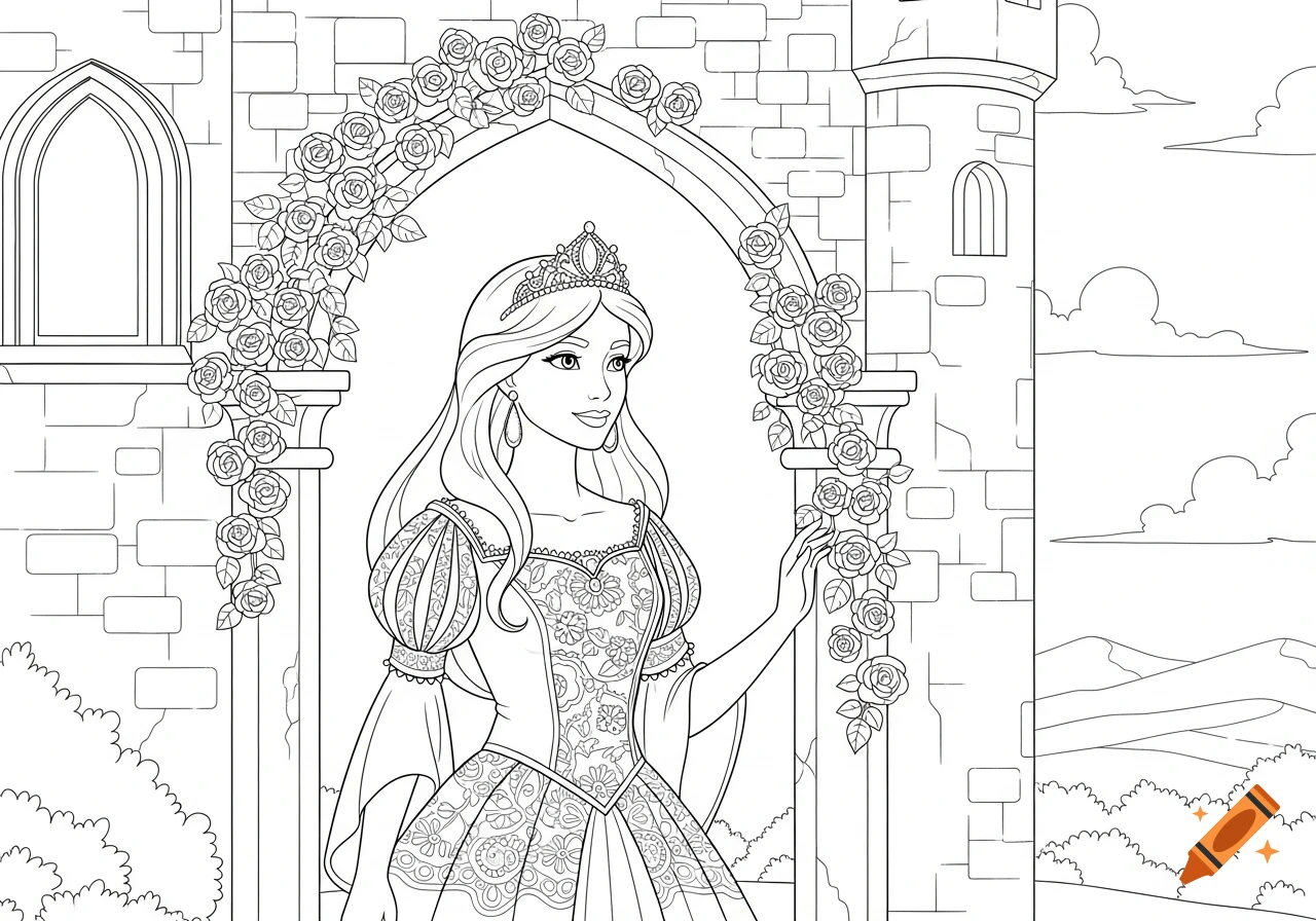 Black and white line art of a princess in a detailed gown and crown, standing under a rose-covered archway of a castle, ready for coloring.