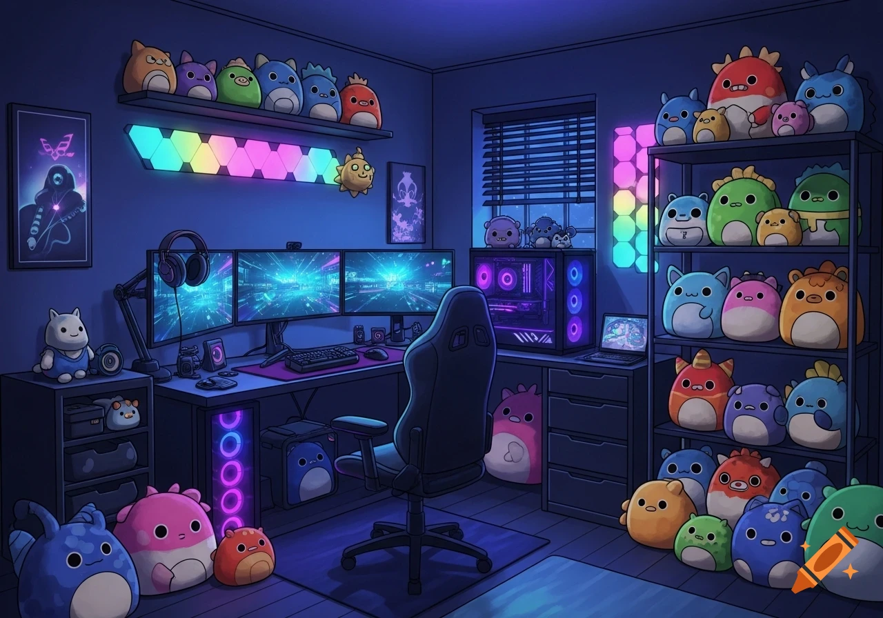 A cozy, neon-lit gamer room with a multi-monitor setup, gaming chair, PC, and shelves filled with colorful plush toys in a cartoon style.