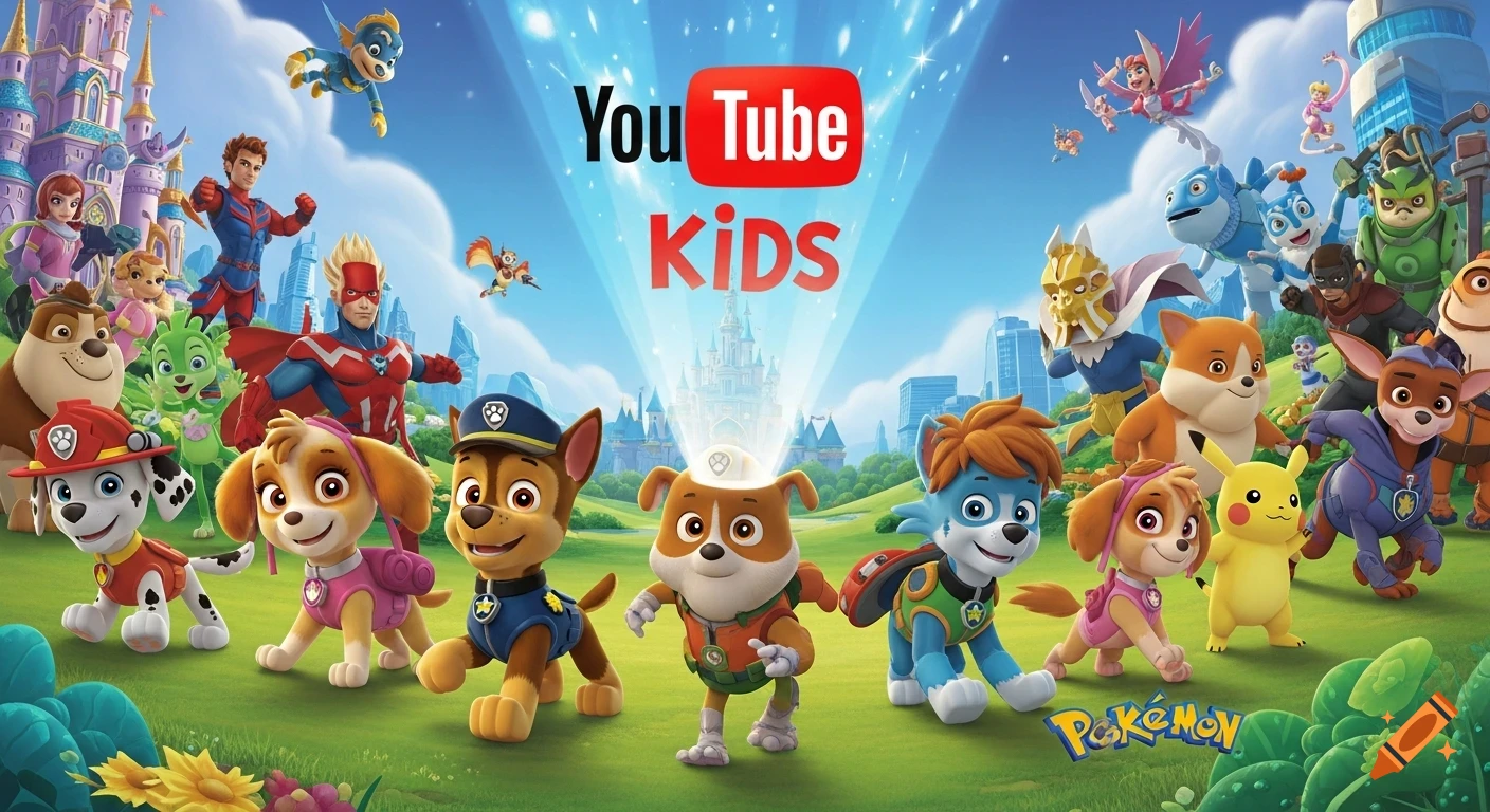 A vibrant animated scene featuring Paw Patrol, Pikachu, and various superhero characters standing on a grassy field, looking at a glowing YouTube Kids logo emerging from a castle.