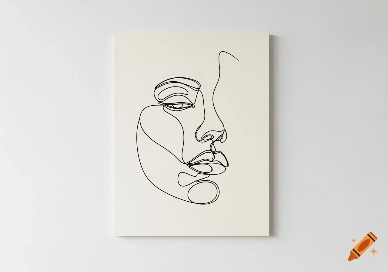 Minimalist line art portrait on a light canvas, showing a woman's face in profile.