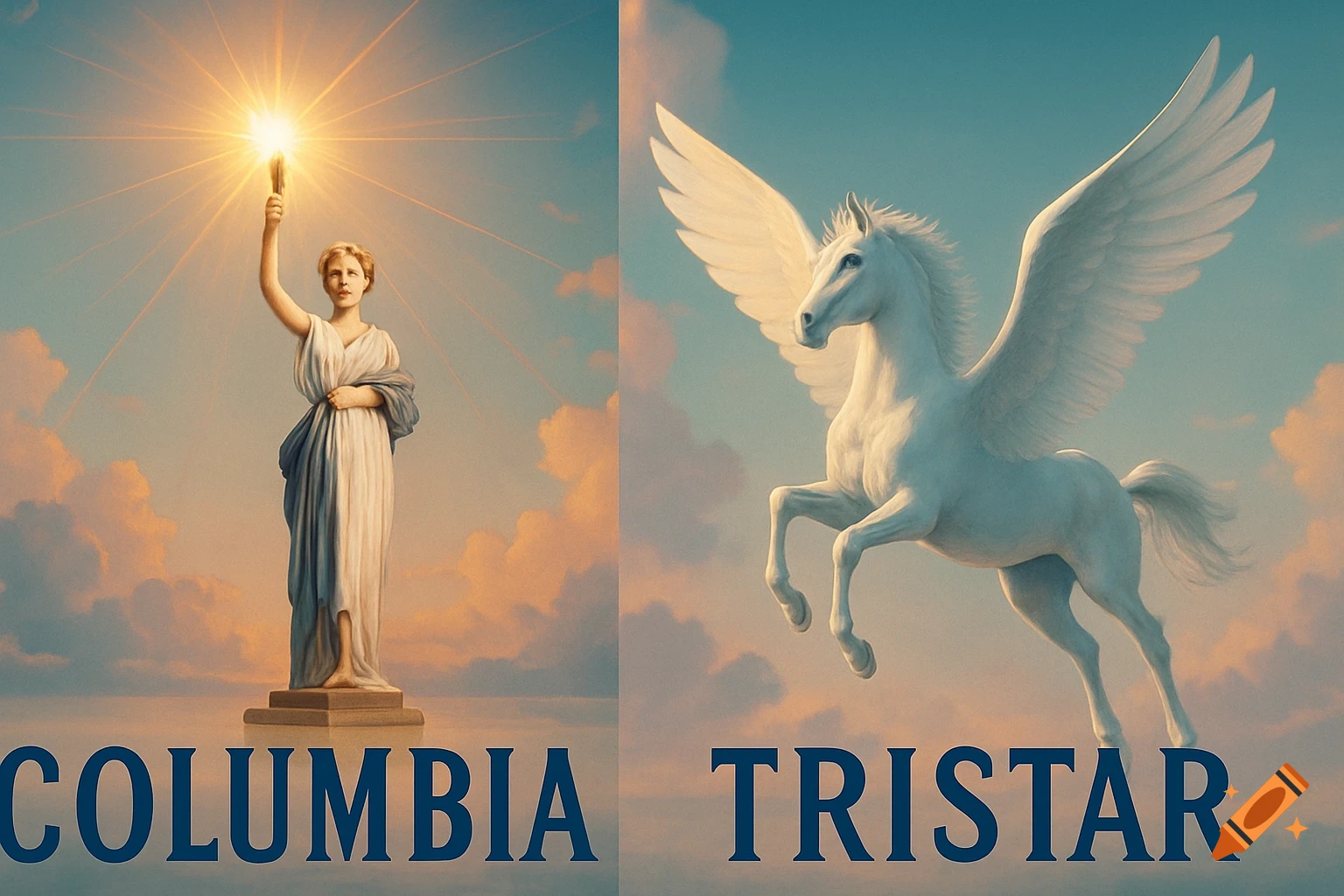 Split image of Columbia Pictures logo (woman with torch) and TriStar Pictures logo (white Pegasus) against a cloudy sky.