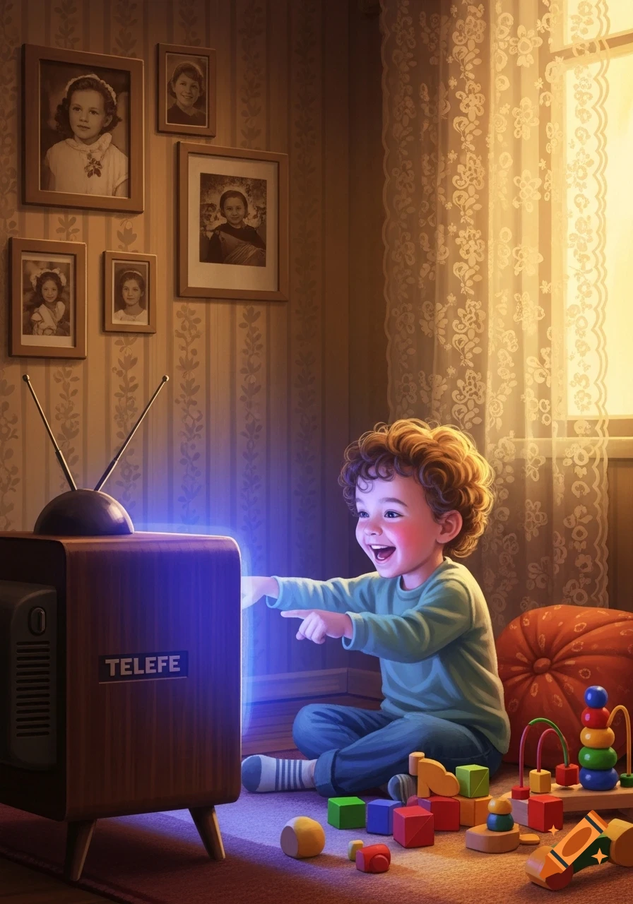 A joyful child sitting on a rug, pointing at a glowing vintage TV with 'TELEFE' written on it, surrounded by wooden toys in a warmly lit room.