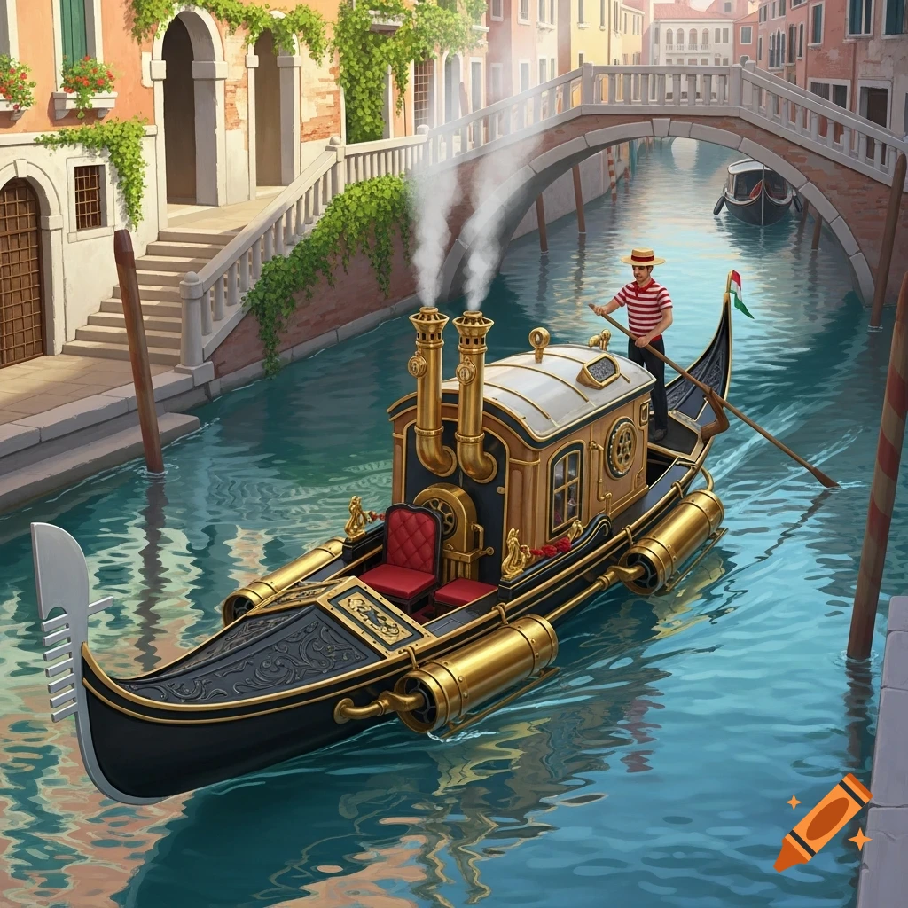 A gondolier rows a black and gold steampunk gondola with smoke stacks through a canal in Venice, surrounded by historic buildings and bridges.