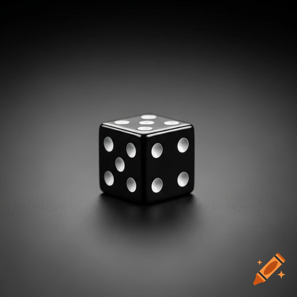 A minimalist close-up of a black dice with white pips on a dark grey background.