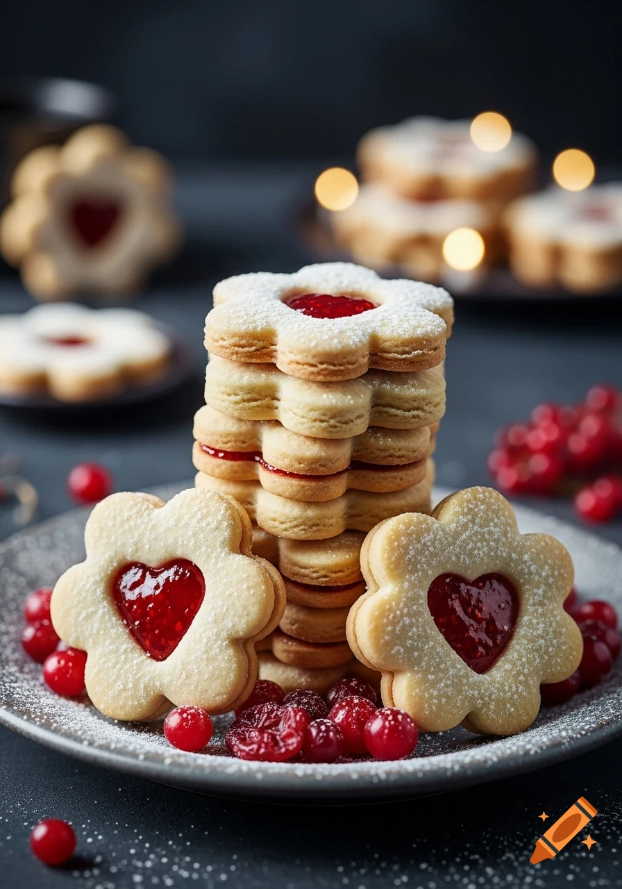 A tall stack of flower-shaped cookies with heart cutouts and red jam filling, dusted with powdered sugar, on a gray plate with cranberries and more sugar, against a dark background with bokeh lights.