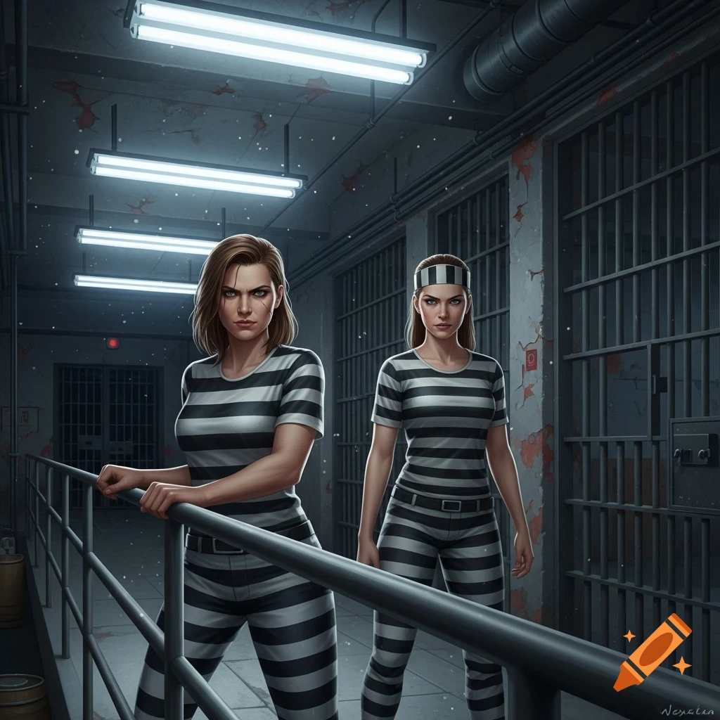 Two determined women in striped prison uniforms stand inside a dilapidated jail cellblock, digital art.