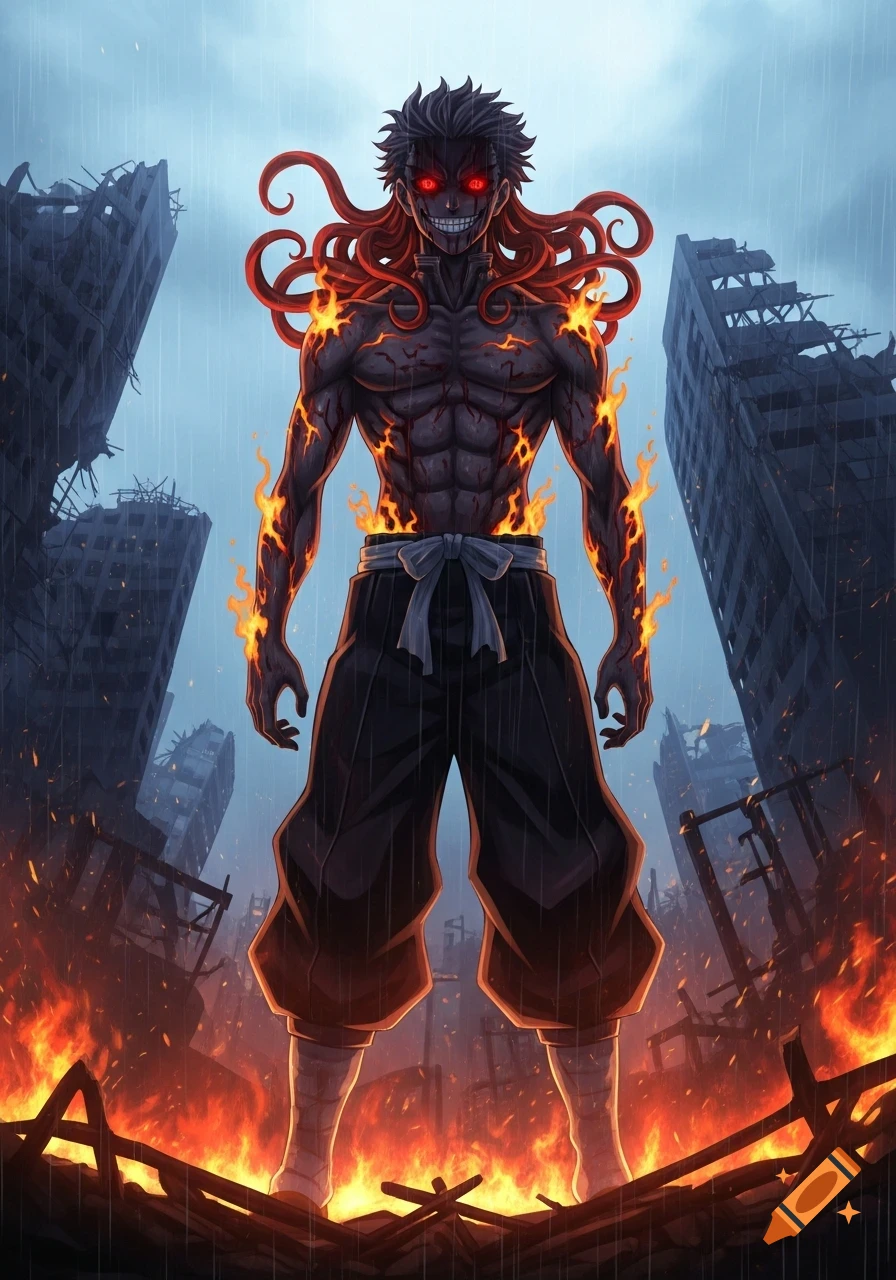 A powerful, dark-skinned man with glowing red eyes, fiery cracks, and red tendrils stands amidst fire and rubble in a destroyed, rainy city in detailed anime style.