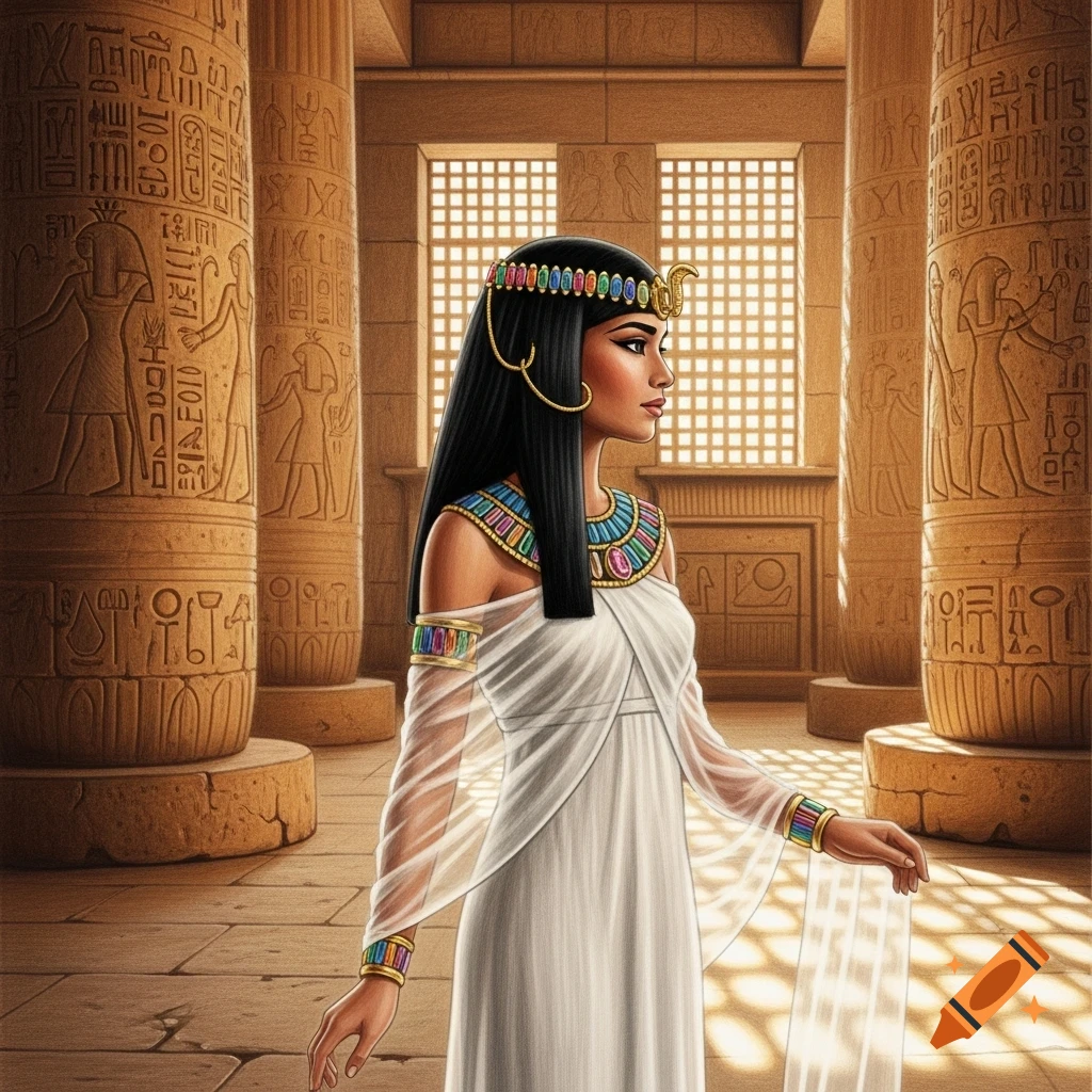 A colored pencil drawing of a young princess in ancient Egypt, wearing a white dress, gold and colorful jewelry, and a headdress. She stands in a temple with carved pillars, bathed in sunlight.