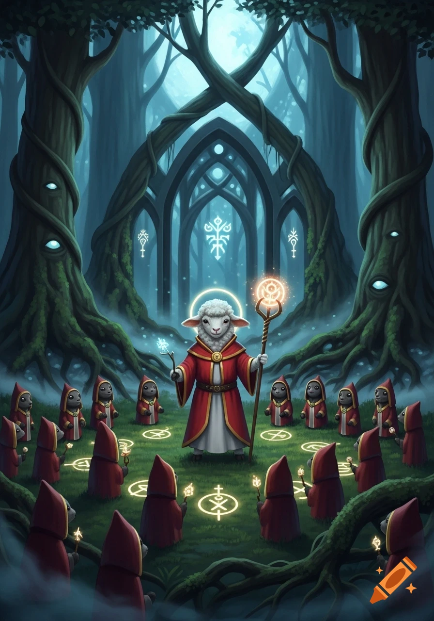A mystical illustration of a white lamb in red robes, with a halo and glowing staff, leading a ritual with small robed figures in a dark, glowing forest.
