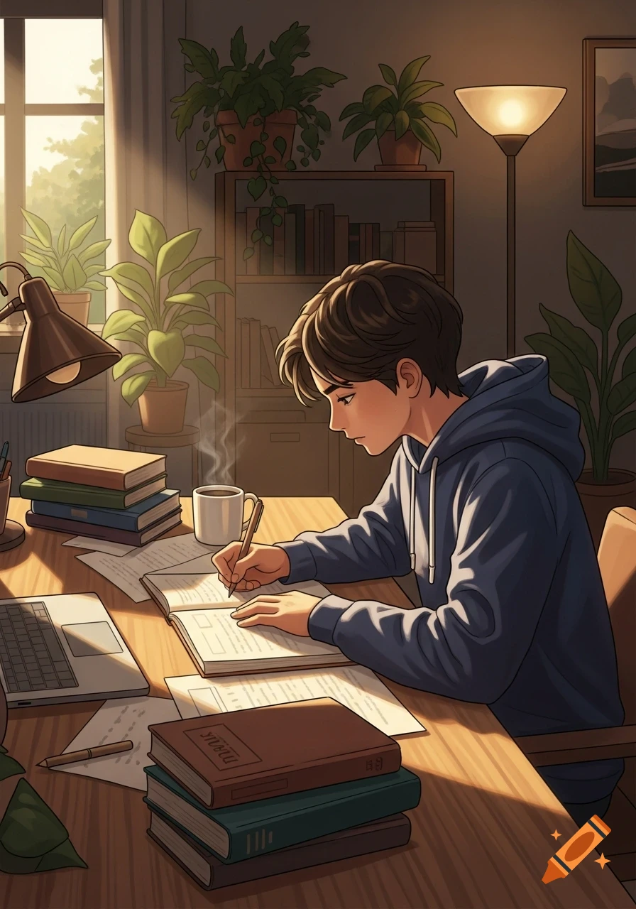 Anime-style illustration of a young person diligently studying at a desk filled with books, a laptop, and a steaming mug, bathed in warm light.
