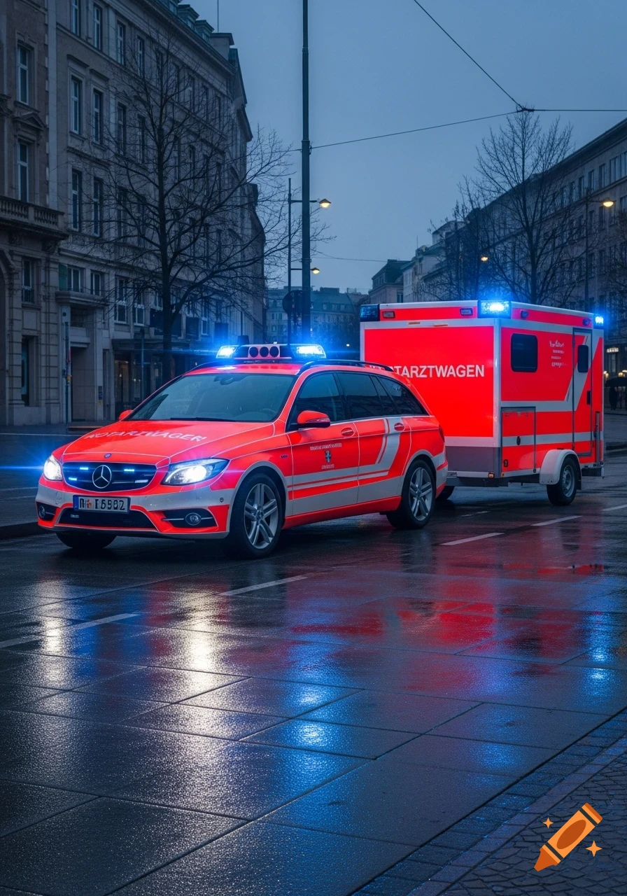 Red Mercedes-Benz emergency car with a trailer and blue flashing lights on a wet city street at dusk, reflecting light.