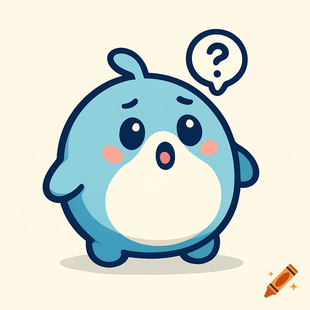 A light blue, round, cartoon creature with big eyes, pink cheeks, and an open mouth, looking surprised with a question mark bubble above its head.