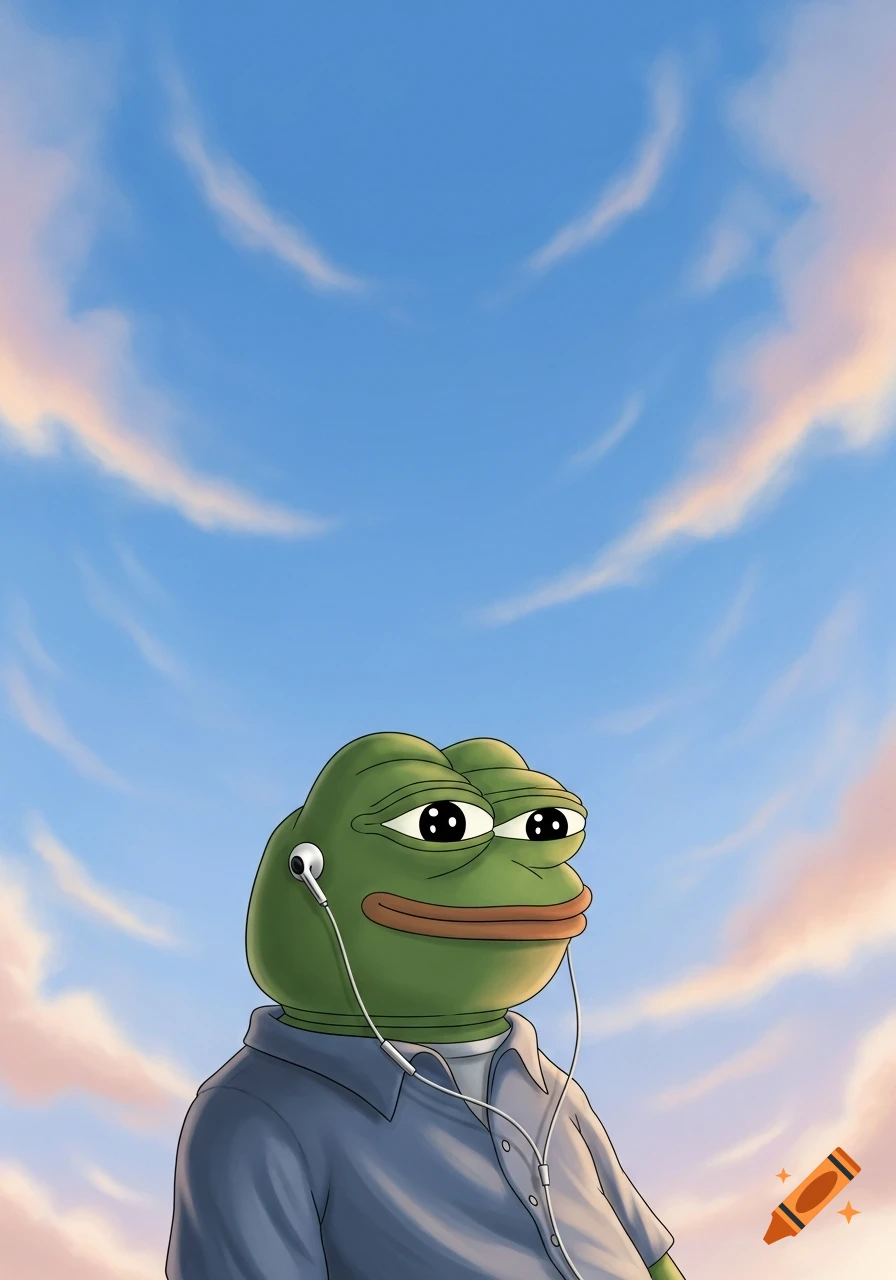 Cartoon illustration of Pepe the Frog wearing earbuds, looking content and upward against a blue and orange sky.
