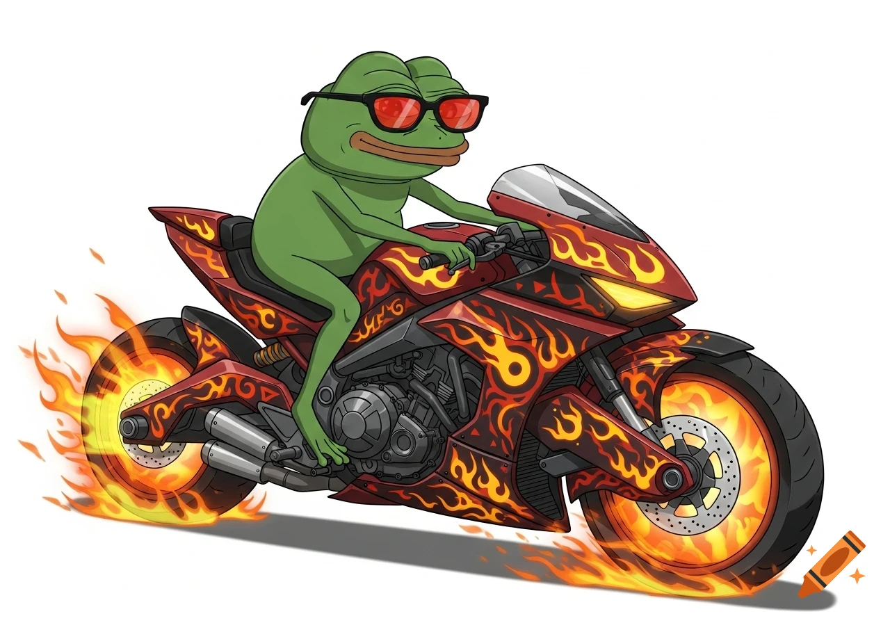 Pepe the Frog wearing sunglasses, confidently riding a red futuristic motorcycle with black flame patterns and flaming wheels, against a white background.