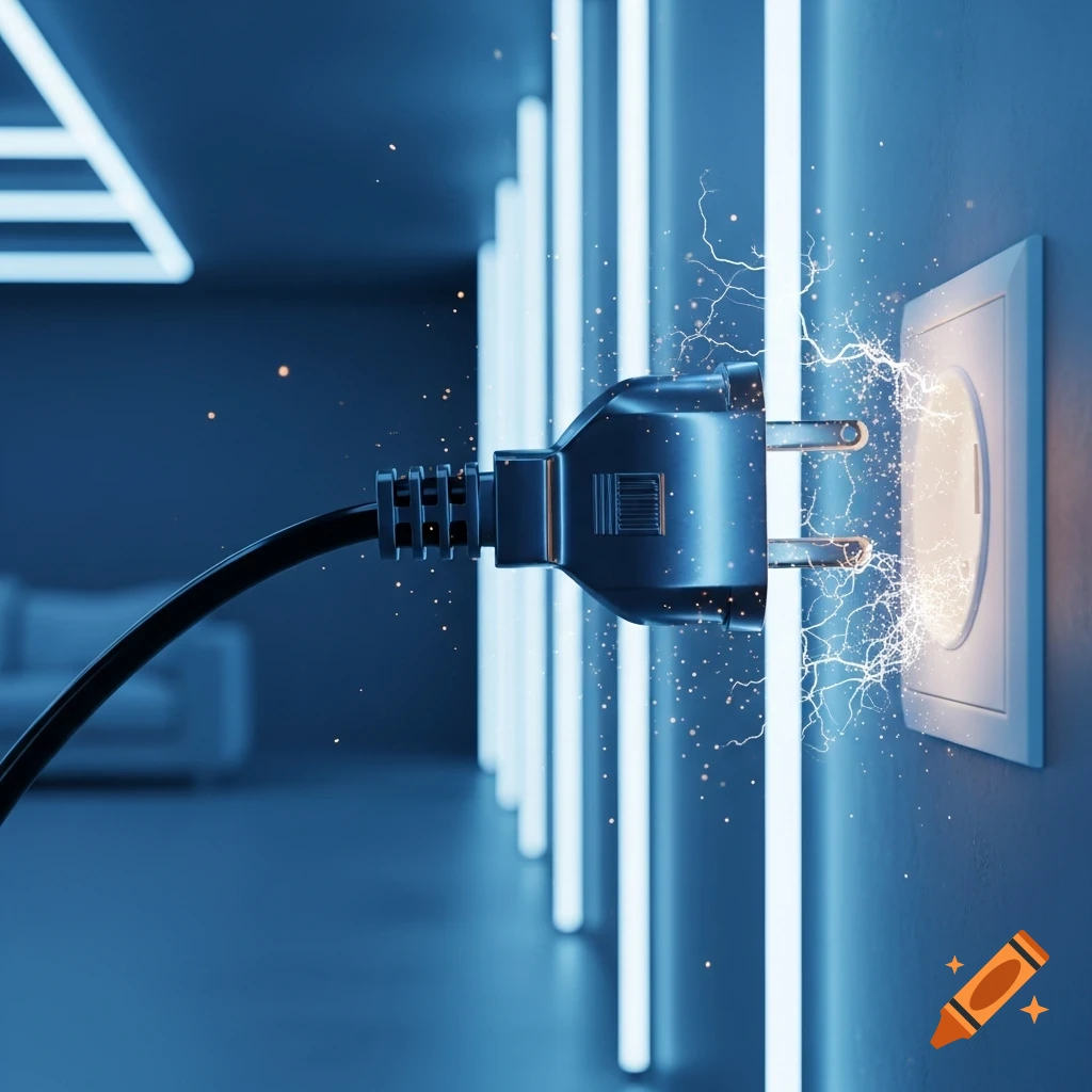 Photorealistic image of a black electrical plug sparking intensely as it's plugged into a white wall outlet, with blue neon lights in the background.