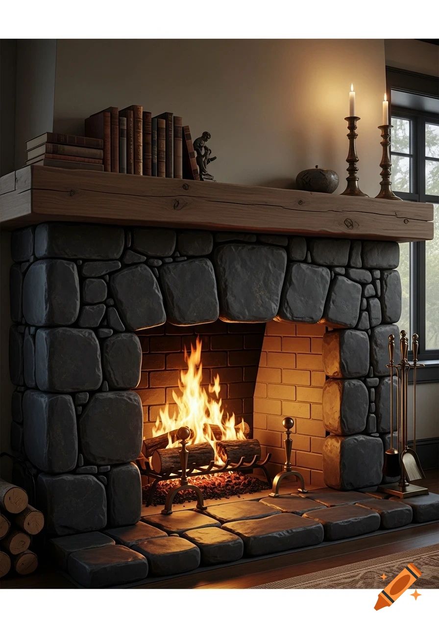 A detailed image of a lit cobblestone fireplace with a wooden mantel, books, candles, and fireplace tools.