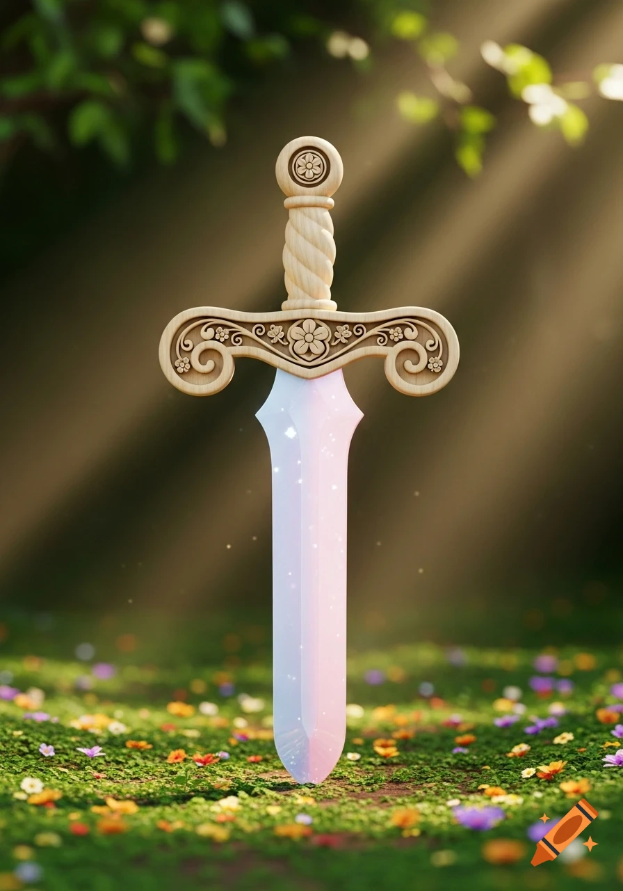 A decorative wooden sword with a glowing iridescent blade stands in a sunny, flower-filled meadow.