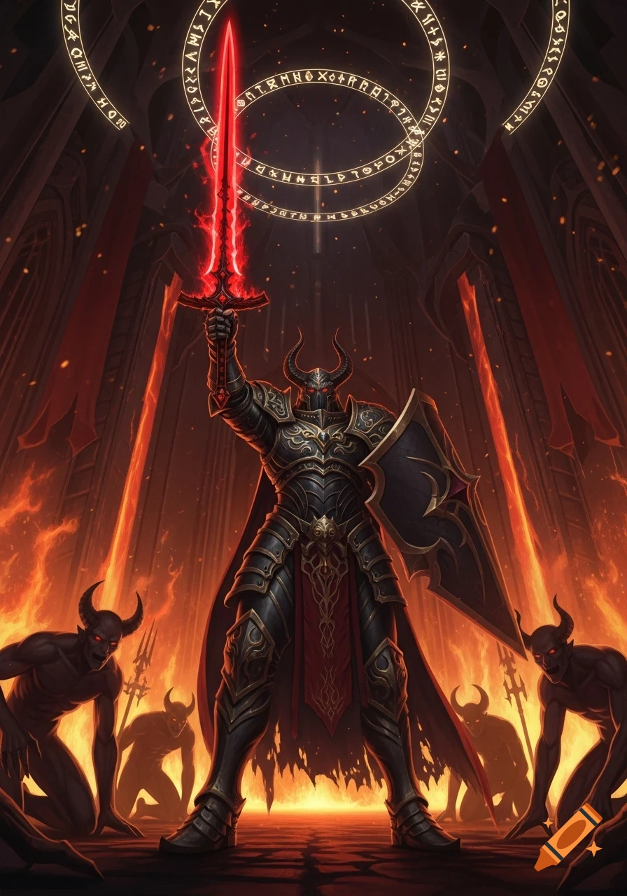 A devil paladin in dark gold-trimmed armor holds a glowing red sword and shield in a hellish palace, surrounded by kneeling demons and fire. Glowing runes circle overhead.