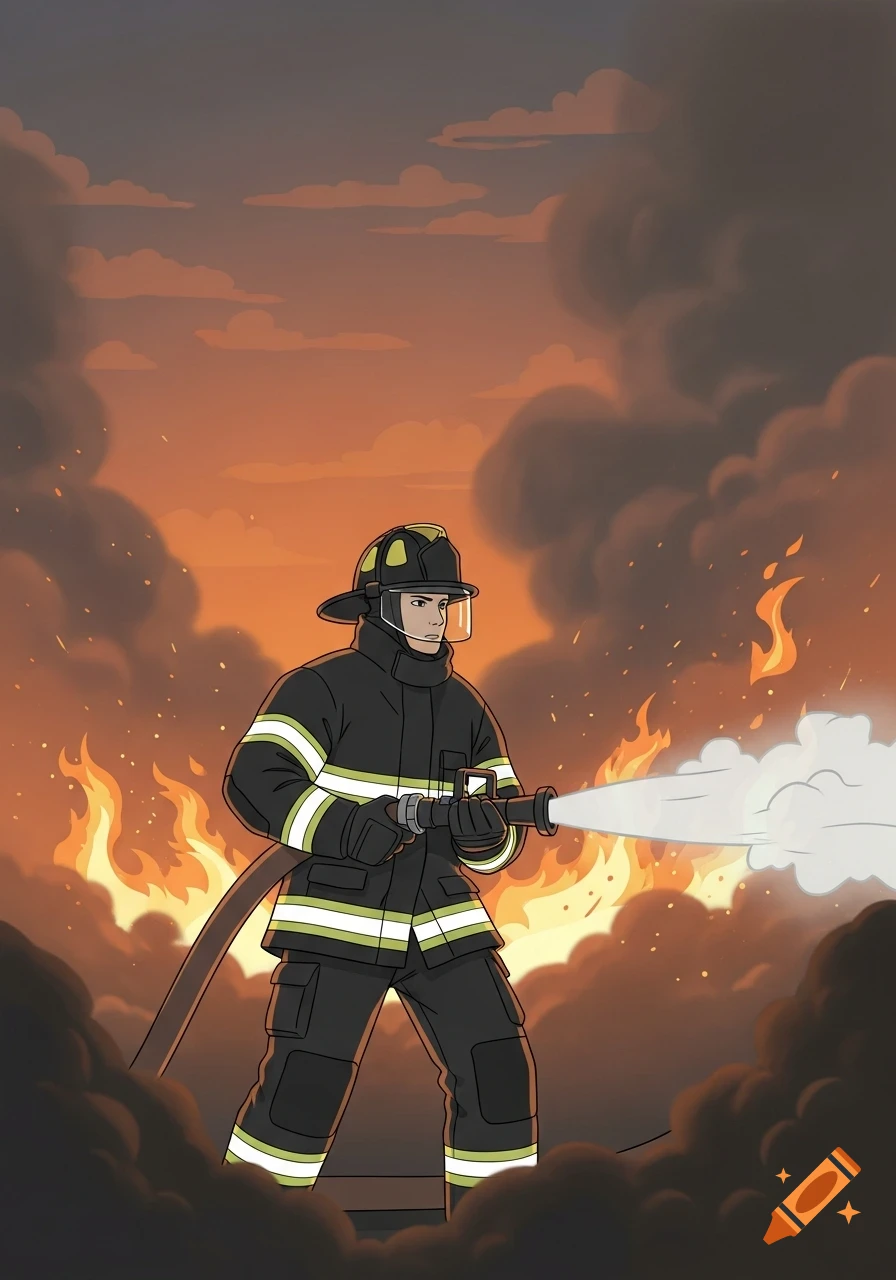 A cartoon firefighter in uniform sprays water from a hose towards a raging fire and smoke under an orange sky.