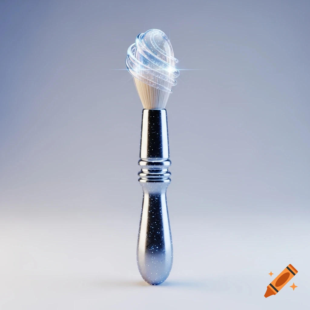 A 3D rendered app icon of a brush with a glowing glass tip and a silver-speckled metal handle.