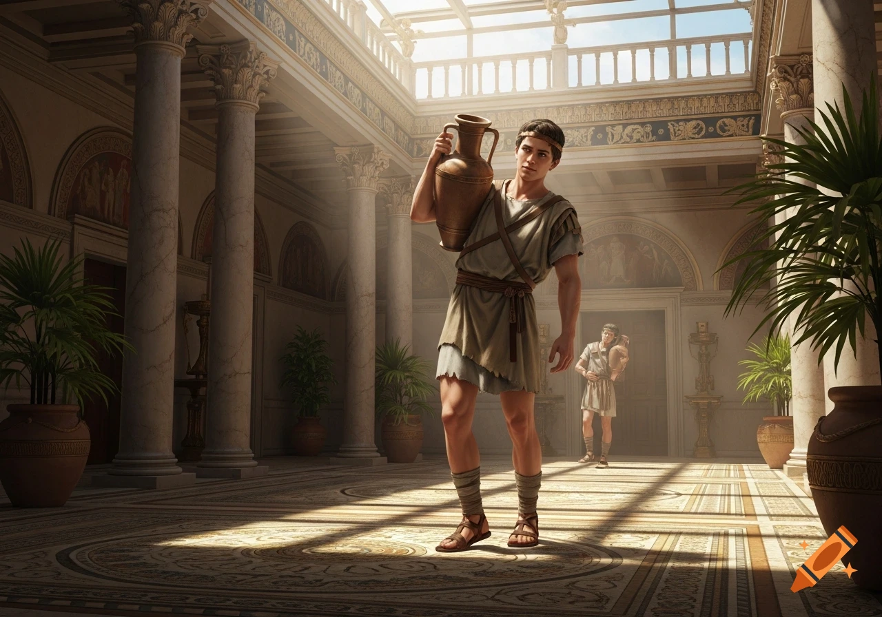 A young man in Roman attire carries a large amphora through a grand, sunlit Roman atrium, with another man in the background.