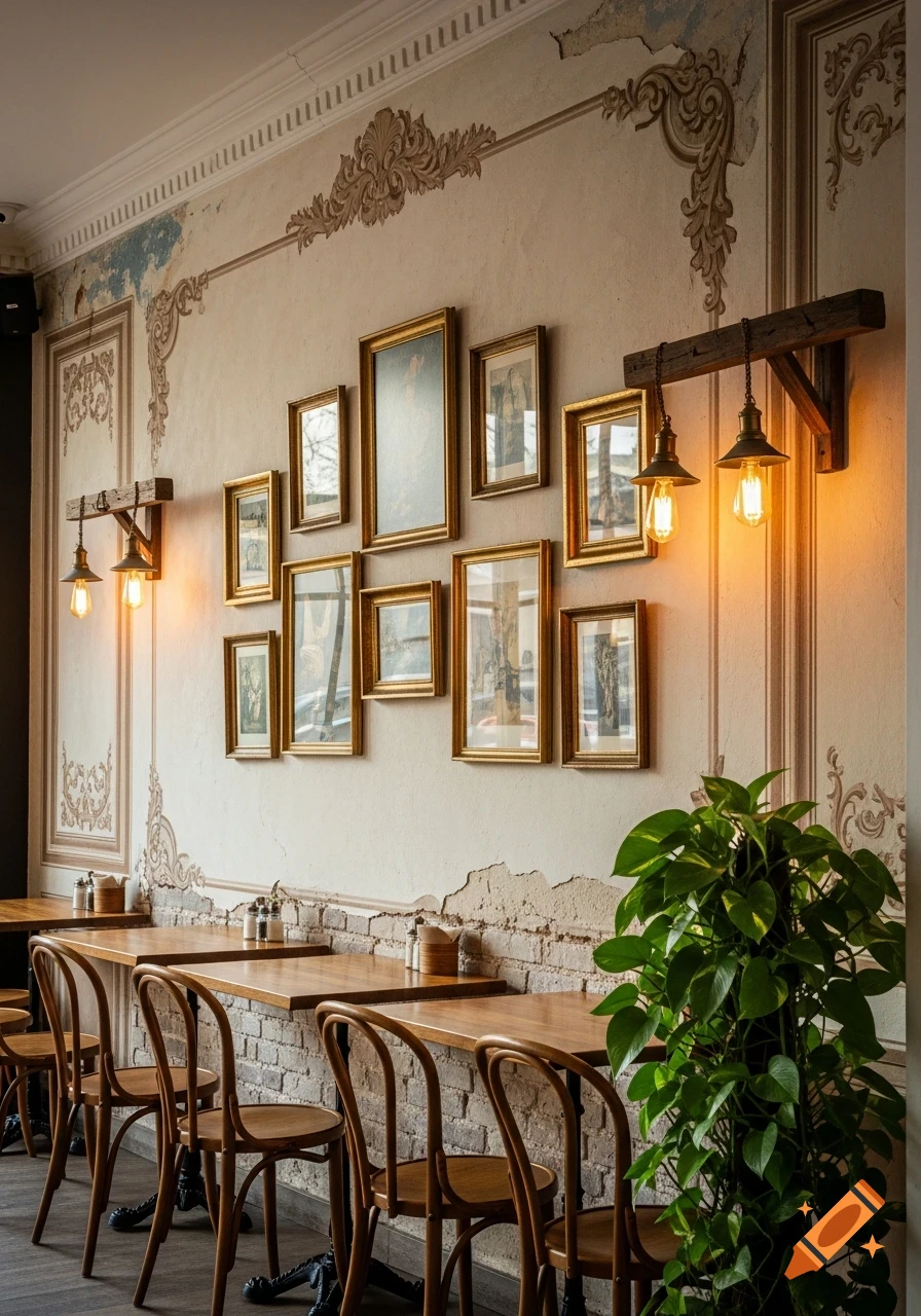 Photorealistic image of a rustic cafe interior with distressed walls ...