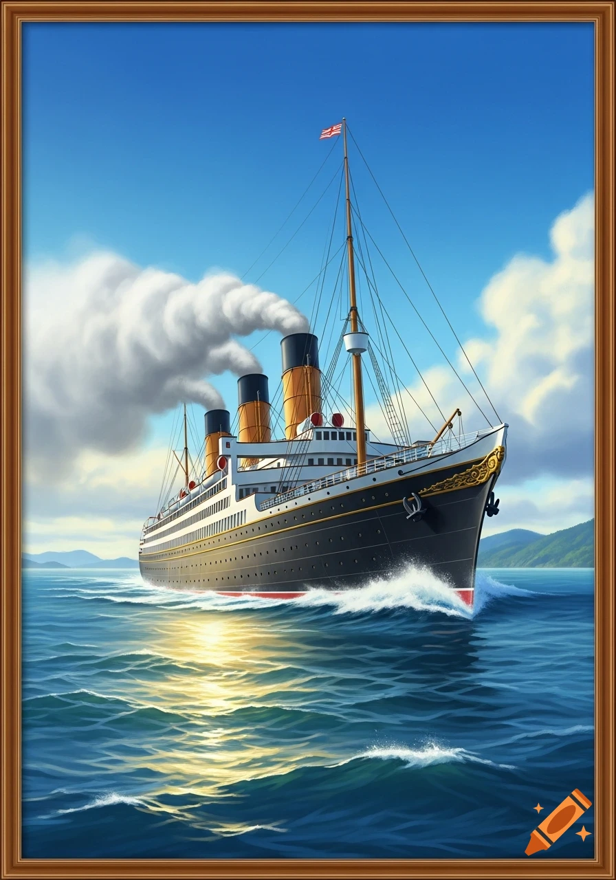 A large black steamship with three golden funnels and white smoke sails on blue ocean waves, sunlight reflecting on water.