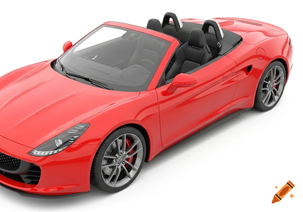 A bright red convertible sports car with black leather seats on a white background.