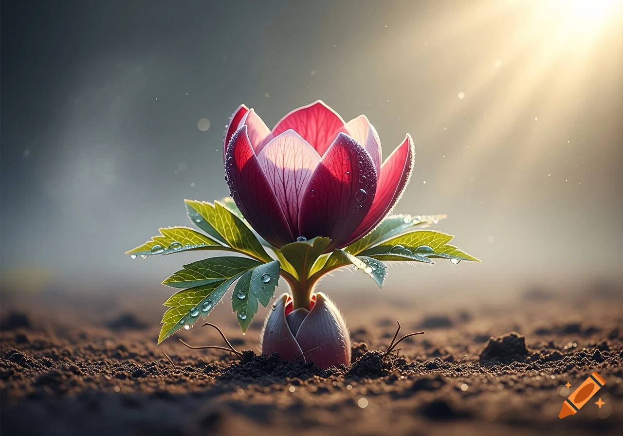 Close-up of a vibrant red and pink flower with dewdrops, emerging from dark soil, bathed in golden sunlight.