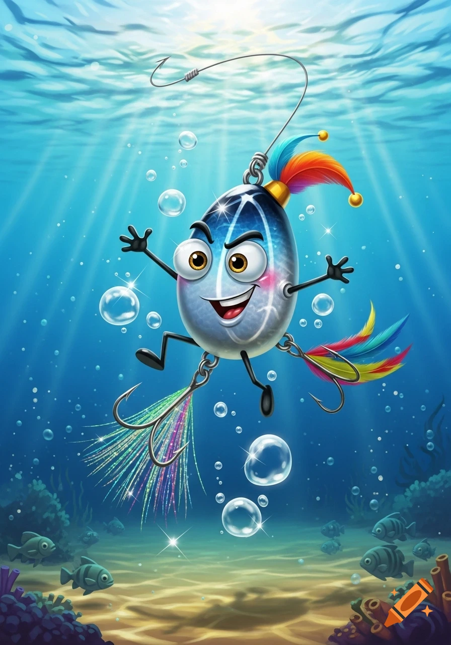 A humorous, big-eyed cartoon fishing lure with colorful feathers and hooks, smiling underwater with bubbles and small fish.