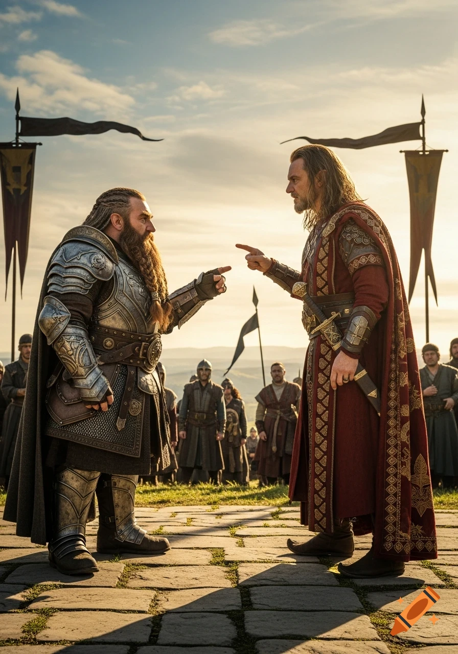 Two fantasy warriors, one dwarf-like in armor, one human-like in red robes, confront each other under a bright sky with banners and an army.
