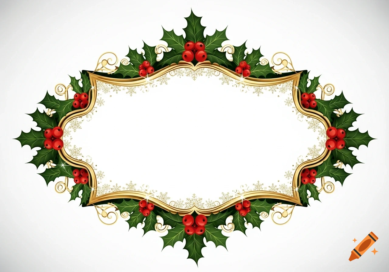 Ornate gold frame with green holly leaves and red berries, accented with gold snowflakes, on a white background.