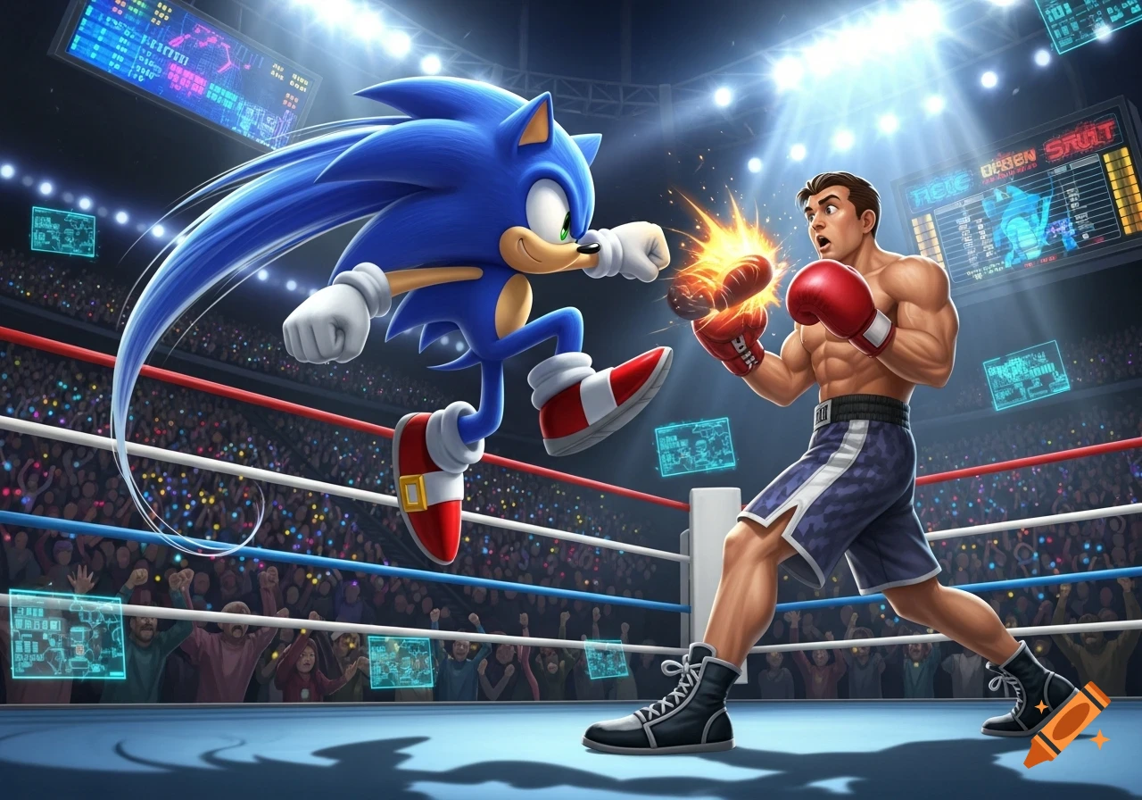 Sonic the Hedgehog kicks a surprised human boxer in a brightly lit boxing ring filled with a cheering crowd.