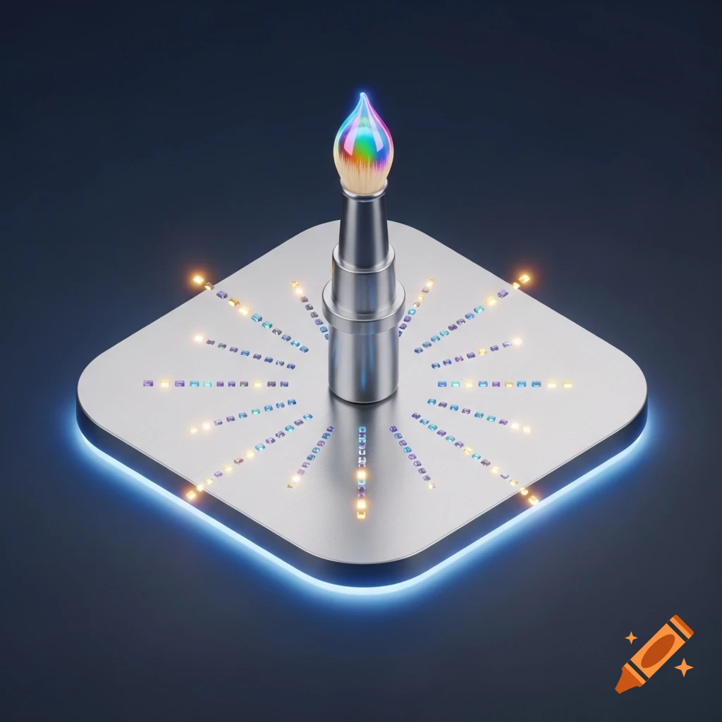 A 3D isometric icon of a brush with a rainbow glass tip and a metallic base, surrounded by glowing colorful pixel dots on a square platform with a blue glow.