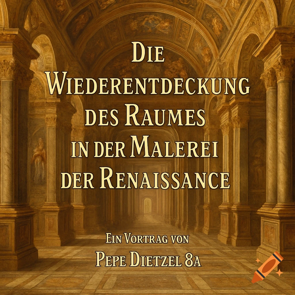 A golden-hued Renaissance hall with classical columns and arches, featuring large German text on art history over a central vanishing point.