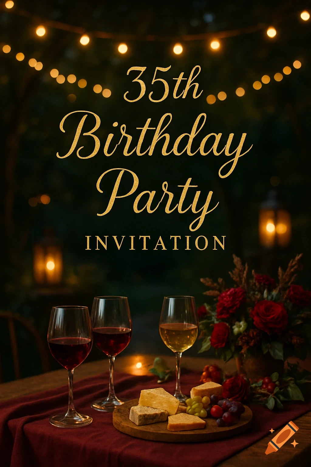 Photorealistic 35th Birthday Party invitation featuring wine, cheese, and roses on a table under warm string lights at night.